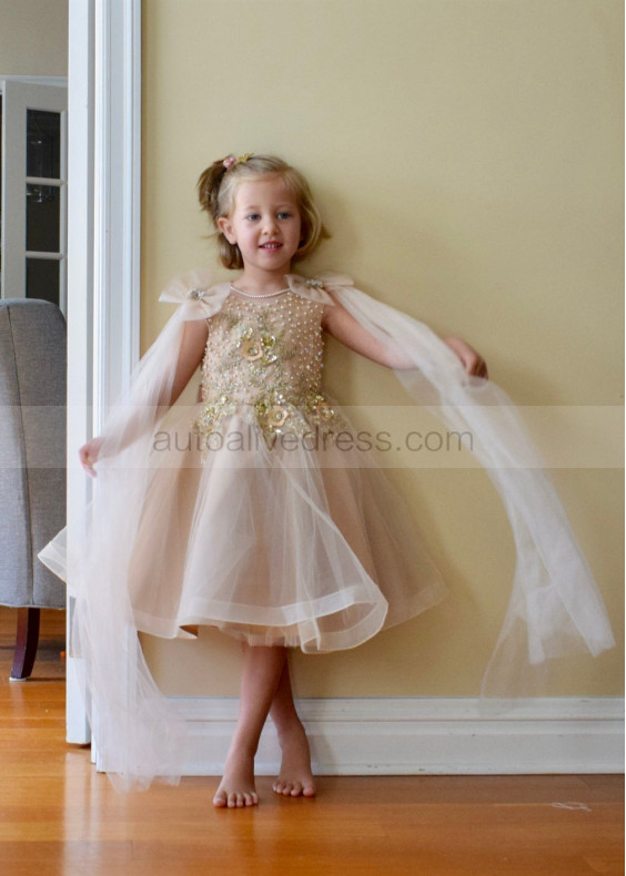 Beaded Champagne Lace Tulle Flower Girl Dress With Shawl